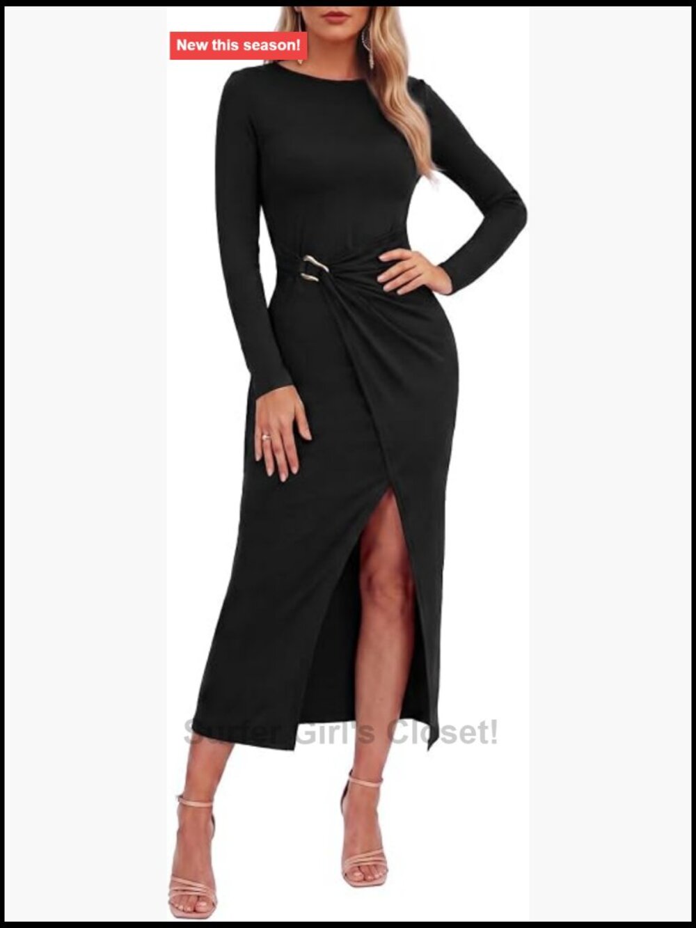 Women's Semi Formal Bodycon Midi Dress Long Sleeve Ruched Side Slit